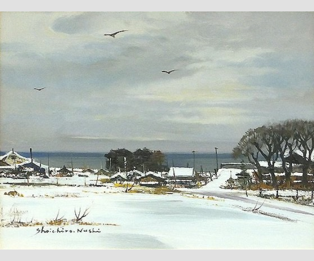 【室外機】塗師祥一郎　油絵３号「雪上る」人気の雪景　K51T3K5Z1V7C 自然、風景画